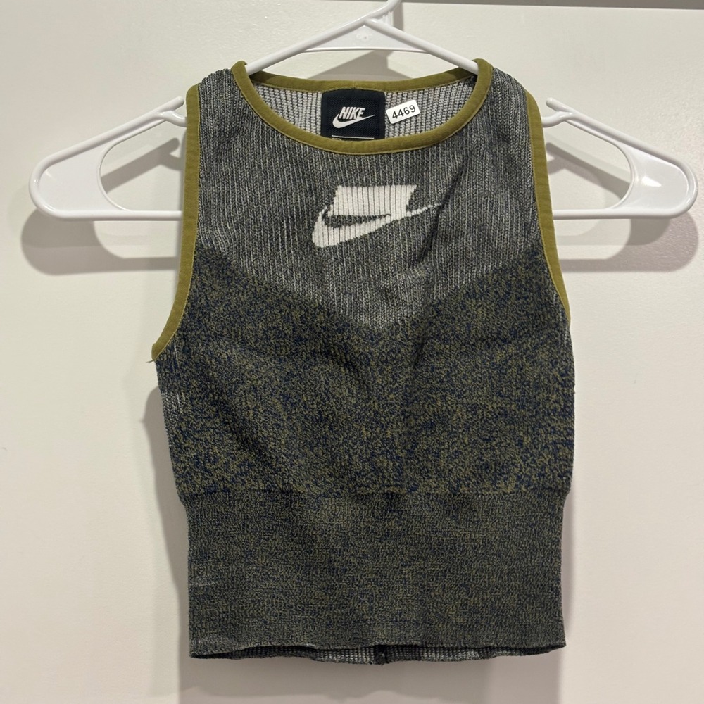 Nike Sportswear Women Knit Crop Tank Top Olive Grey Swoosh Logo Small